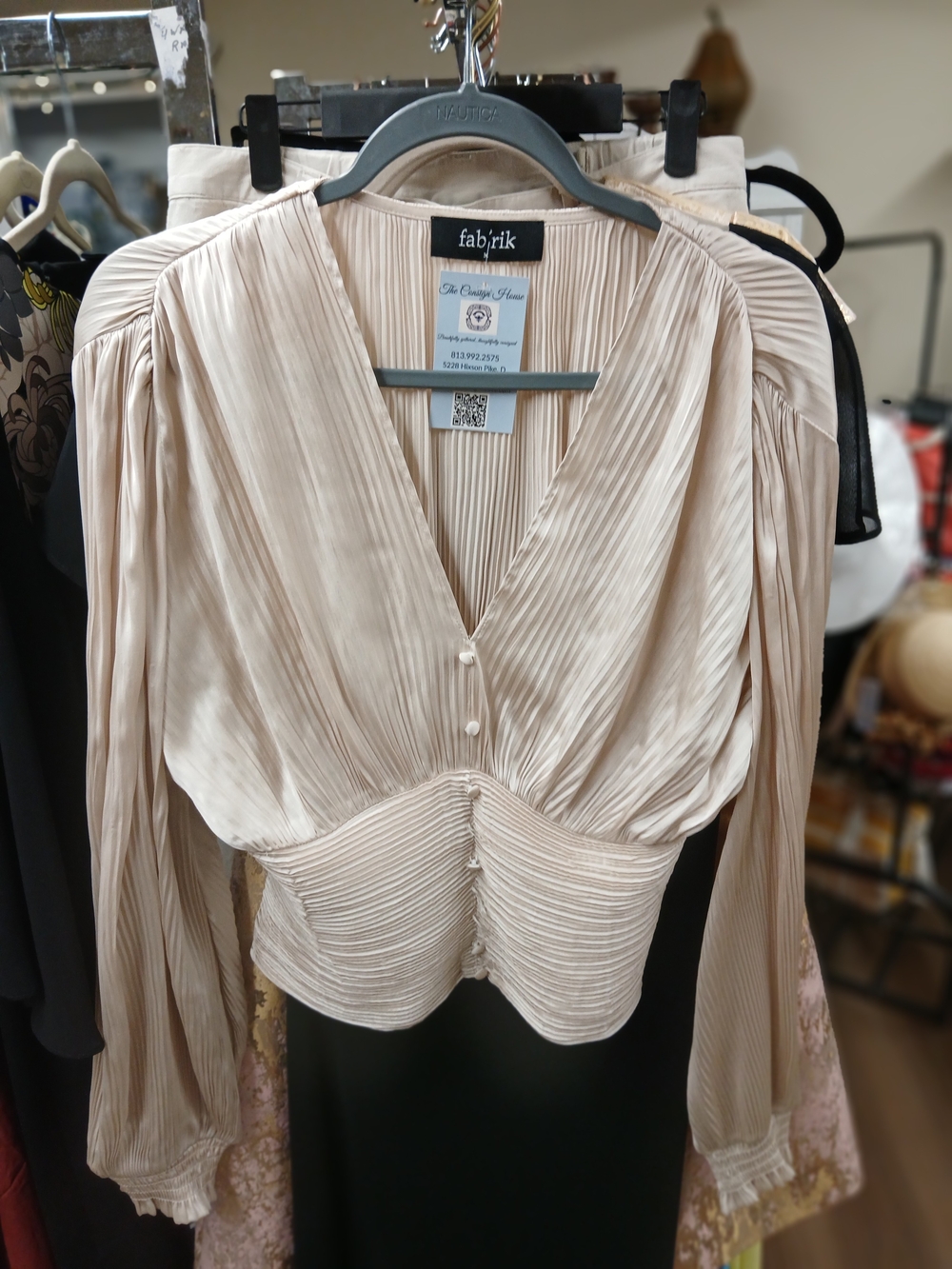 fab'rik Cream Pleated V-Neck Puff Sleeve Blouse